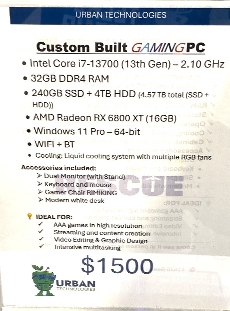 Custom Gaming Build Intel Core i7-13700 13th Gen 2.10 GHz 32GB DDR4 RAM 1TB SSD 4TB HHD Windows 11 Pro.If you prefer to purchase only the gaming PC and not the table and chair, the price will be $1000.