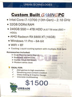 Custom Gaming Build Intel Core i7-13700 13th Gen 2.10 GHz 32GB DDR4 RAM 1TB SSD 4TB HHD Windows 11 Pro.If you prefer to purchase only the gaming PC and not the table and chair, the price will be $1000.